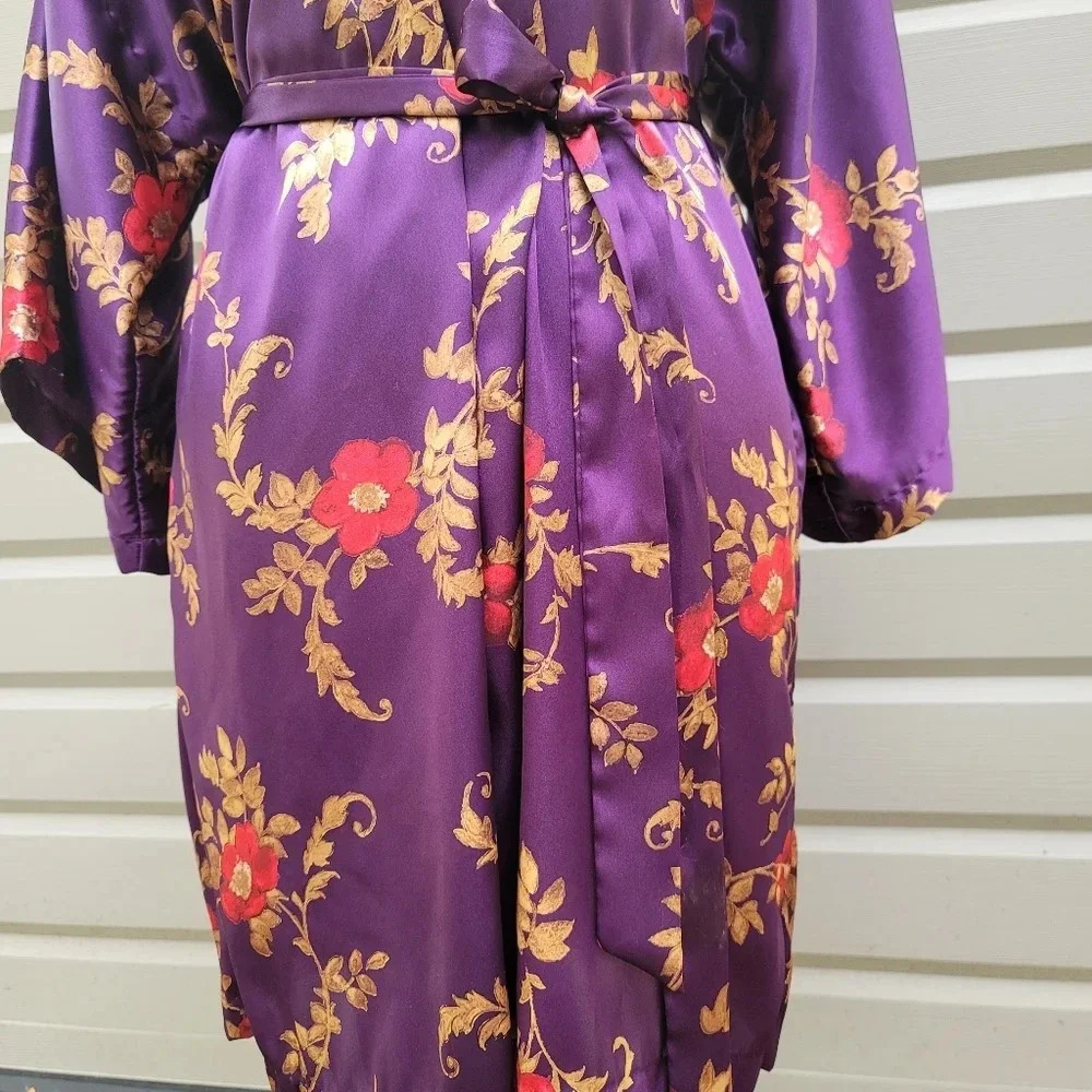 VTG California Dynasty Floral Paisley Purple Red Robe Satin Kimono Sz M Medium - Picture 3 of 10